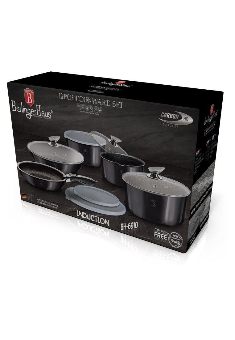 12-delig kookset in zwarte doosverpakking. Bevat een anti-aanbak carbon pro coating, ronde vormen, zilveren handgrepen en doorzichtige deksels.