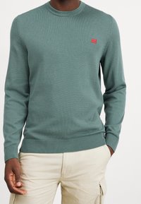 Grön stickad tröja med rundad hals, ribbade ärmar och nederkant, med en liten röd logotyp på bröstet, ihop med beiga byxor.