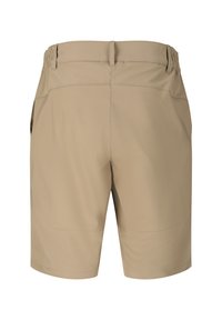 Shorts beige longueur genou avec passants pour ceinture et côtés élastiques, vus de dos sur un fond blanc.