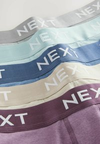 Sex par boxer shorts i olika färger: grå, mint, marinblå, beige och vinröd, var och en med vita "NEXT" elastiska midjeband.