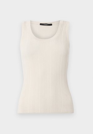Top de tanque acanalado beige claro con escote redondeado y diseño sin mangas. Presenta una silueta ajustada y una tela suave y texturizada.