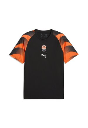 Sort sportsjersey med orange og sorte stribede ærmer, Puma-logo og Shakhtar fodboldklubs emblem på brystet.