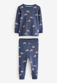 Mjuk bomullsset med pyjamas i marinblått, bestående av en långärmad topp och byxor med ett truckmönster i beige, vitt och röda accenter. Mjukt och elastiskt tyg.