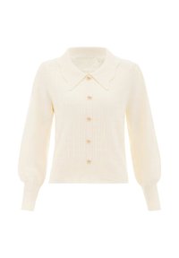 Crème gebreide cardigan met opgezette lange mouwen, gestructureerd patroon, gegolfde brede kraag en kleine strikvormige knopen aan de voorkant.