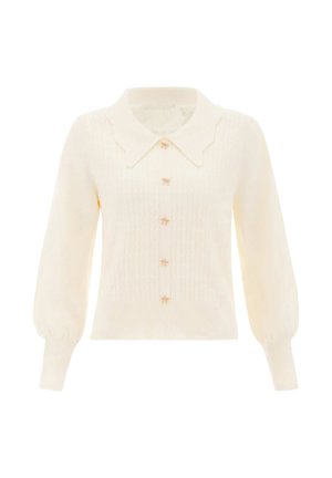 Crème gebreide cardigan met opgezette lange mouwen, gestructureerd patroon, gegolfde brede kraag en kleine strikvormige knopen aan de voorkant.