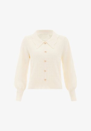 Kremowy dzianinowy kardigan z bufkowymi długimi rękawami, teksturowanym wzorem, szerokim falbanym kołnierzem i małymi guzikami w kształcie kokardy z przodu.
