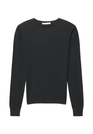 Maglione nero a maniche lunghe con scollo rotondo, realizzato in tessuto liscio. Presenta polsini e orlo a coste. Taglia piccola visibile.