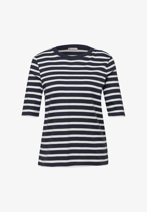 Maglietta a maniche corte a righe orizzontali blu navy e bianche con scollo rotondo e etichetta all'interno del colletto.