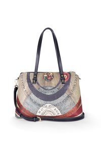 Canvas handbag featuring a multi-colored celestial design and dark blue leather straps, with gold hardware and a detachable shoulder strap.