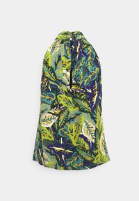 Haut à bretelles floral en vert et bleu avec un motif de feuilles, ouverture en trou de serrure au dos et un tissu confortable qui drape bien.