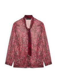 Blusa rossa scintillante con motivi floreali, maniche lunghe e un design testurizzato e aperto davanti. Presenta un dettaglio a cravatta bordeaux a contrasto.