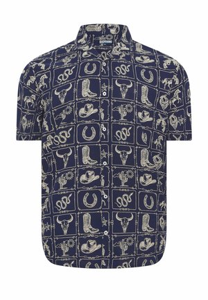Granatowa koszula z krótkim rękawem zapinana na guziki, z kremowymi ikonami w stylu western, w tym kowbojskie kapelusze, buty, węże, konie, kaktusy i podkowy.