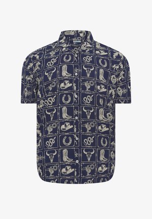 Marineblauw kort mouwen overhemd met knopen en roomkleurige western-thema-iconen, waaronder cowboyhoeden, laarzen, slangen, paarden, cactussen en hoefijzers.