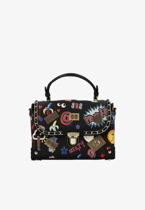 Black faux leather handbag with colorful patches, chain accents, and a front lock clasp. Features various graphic stickers and embellishments.