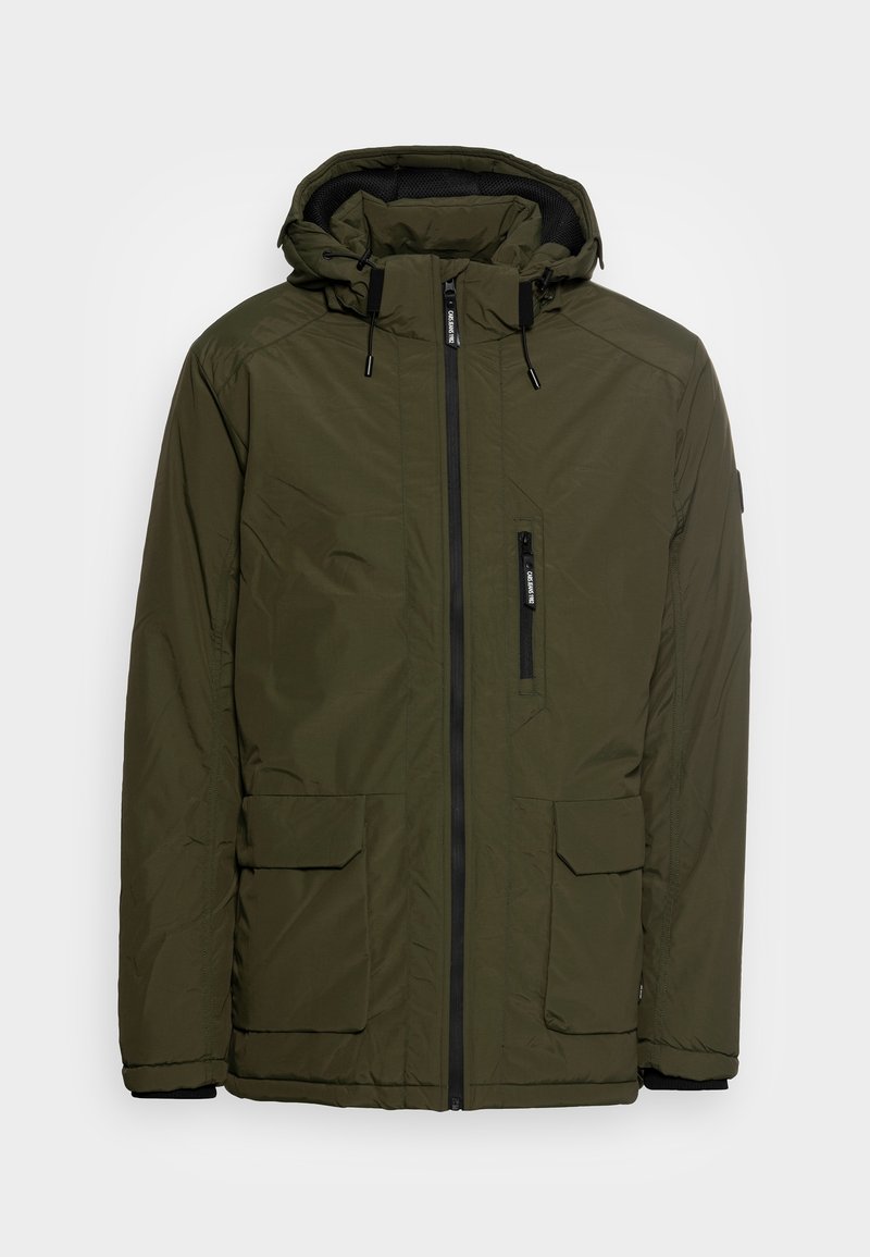 Olive green parka jacket with a zip front, adjustable hood, and two large front pockets. Features a textured interior and elastic cuffs.