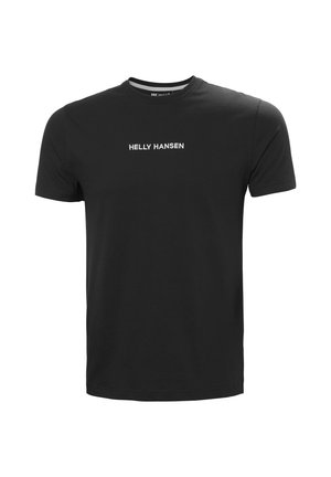 Schwarzes Baumwoll-T-Shirt mit weiß besticktem "HELLY HANSEN"-Text auf der Brust; Rundhalsausschnitt, kurze Ärmel und lockere Passform.