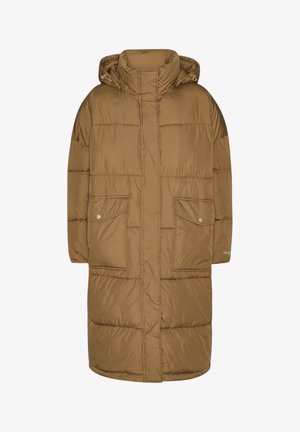 Lange, bruine pufferjas met een capuchon, voorzien van een hoge kraag, twee voor zakken en een gladde, gewatteerde textuur.