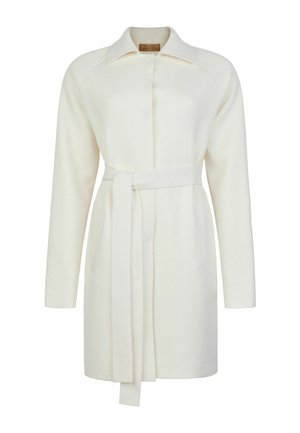 Off-white langærmet frakke med bælte, skjult lukning foran og spidst krave, knælang, skræddersyet pasform.