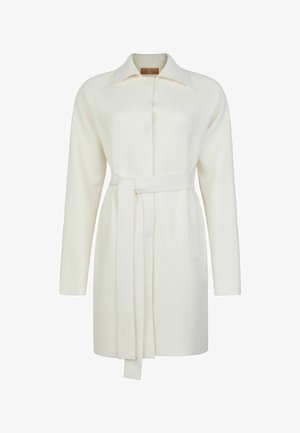 Off-white langærmet frakke med bælte, skjult lukning foran og spidst krave, knælang, skræddersyet pasform.