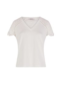 Weißes V-Ausschnitt T-Shirt mit kurzen Ärmeln und ausgeschnittenen Blumenstickereien. Hergestellt aus weichem Stoff, bietet es einen lässigen Schnitt und eine glatte Textur.