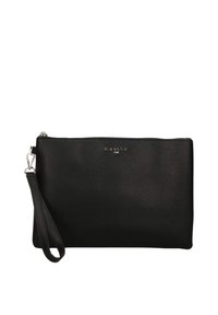 Clutch nera realizzata in materiale testurizzato, con chiusura a zip superiore, strapolo da polso e dettaglio del logo impresso. Forma rettangolare semplice.