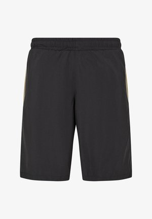 Czarne szorty sportowe z elastycznym pasem, bocznymi kieszeniami i kontrastującymi beżowymi akcentami po bokach. Gładki, lekki materiał.