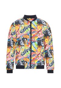 Bunte Bomberjacke mit einer Mischung aus grafischen Mustern und Text, hauptsächlich in Rot, Gelb, Grün und Blau, mit einem einfarbigen schwarzen gerippten Kragen und Bündchen.
