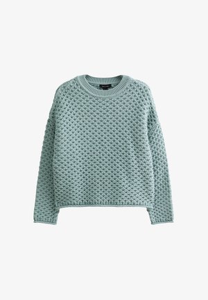 Ljusgrön stickad tröja med ett strukturerat mönster, rund halsringning och långa ärmar. Har en avslappnad passform och ribbade muddar.