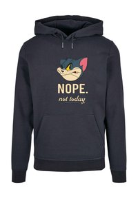 Navyblauer Hoodie mit einer vorderen Tasche, Kapuze mit Zugband und einem bedruckten grafischen Design eines Cartoon-Katzens mit dem Text "NEIN. nicht heute." in Beige.