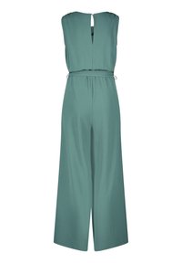 Türkisfarbener Jumpsuit mit weitem Bein, elastischem Bund und Schlüsselloch-Rückendetail. Aus leichtem Stoff für einen fließenden Look gefertigt.