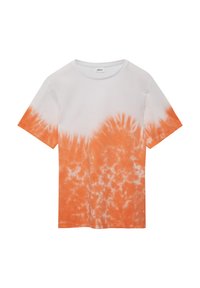 Korte mouwen T-shirt in het wit met een oranje tie-dye patroon aan de onderkant, gemaakt van zachte stof, ronde halslijn met stikdetails.
