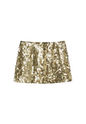 Mini gonna in paillettes dorate con design aderente e texture liscia. Le paillettes coprono tutta la superficie, riflettendo la luce.