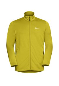Veste en fleece vert lime avec un col haut, fermeture éclair intégrale et tissu texturé. Présente deux zips latéraux et un logo sur la poitrine gauche.