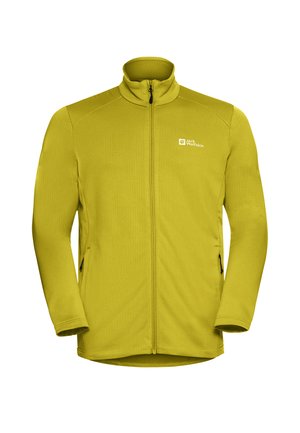 Limoengroene fleecejack met een hoge kraag, volledige rits en gestructureerde stof. Bevat twee zijritsen en een logo op de linkerborst.