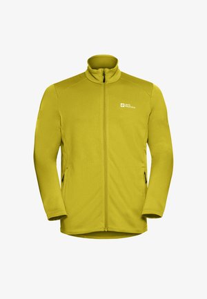 Limoengroene fleecejack met een hoge kraag, volledige rits en gestructureerde stof. Bevat twee zijritsen en een logo op de linkerborst.