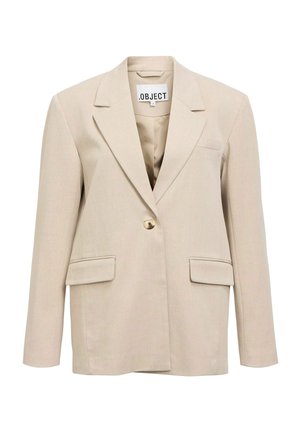 Blazer beige à un bouton avec revers crantés, deux poches à rabat et une poche poitrine passepoilée, étiquette "OBJECT" à l'intérieur du col.