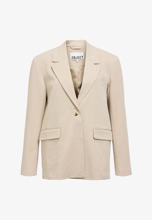Blazer beige à un bouton avec revers crantés, deux poches à rabat et une poche poitrine passepoilée, étiquette "OBJECT" à l'intérieur du col.