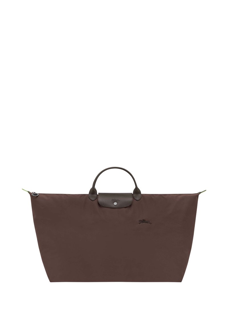 Braune Nylon-Umhängetasche mit Lederakzenten, ausgestattet mit einem runden Griff, Reißverschluss und einem dezenten Logo-Detail. Großes und geräumiges Design.