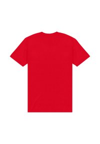 Červené bavlněné tričko s krátkými rukávy, kulatým výstřihem a jednoduchým designem na zádech. Žádné viditelné logo ani vzory.