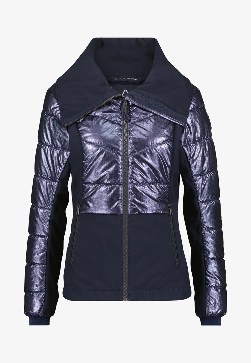 Veste bleu marine pour femmes avec tissu matelassé brillant sur les manches et la partie supérieure avant, grand col, fermeture éclair à l'avant et poches latérales zippées.