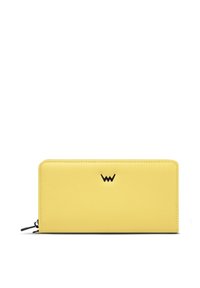 Yellow leather wallet with a smooth texture, sleek rectangular shape, and a black logo accent on the front. Zipper closure along the edge.