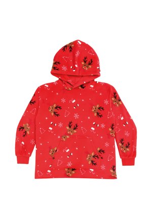 Roter Hoodie mit Rentiergesichtern, Schneeflocken und Weihnachtsbaum-Mustern, ausgestattet mit einer Fronttasche und elastischen Bündchen an den langen Ärmeln.