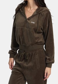 Felpa con zip in velluto marrone, dotata di cappuccio, tasche frontali e vita elasticizzata. Decorata con logo ricamato sul petto. Morbida al tatto.