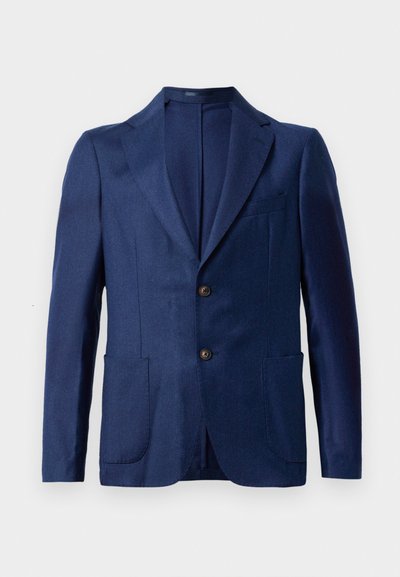 Navy Blazer aus glattem Stoff, mit Reverskragen, zwei Fronttaschen und zwei braunen Knöpfen. Taillierte Passform mit minimaler Gestaltung.