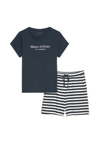 Mörkblå kortärmad t-shirt med texten "Marc O’Polo EST. I STOCKHOLM" i kombination med mörkblå och vita horisontella randiga shorts med dragsko.