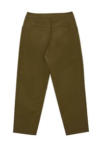 Pantaloni verde oliva con una trama liscia, design dritto, due tasche posteriori e fondo orlato. Stile minimalista, senza decorazioni visibili.