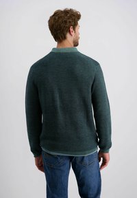 Grüner Strickpullover mit geripptem Kragen und Bündchen, strukturiertem Material und lockerer Passform, kombiniert mit blauen Jeans.