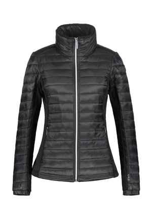 Gesteppte Jacke für schwarze Frauen mit hohem Kragen, durchgehendem Frontreißverschluss und seitlichen Reißverschlusstaschen.