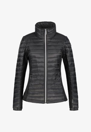 Giacca trapuntata nera da donna con collo alto, cerniera frontale completa e tasche laterali con zip.