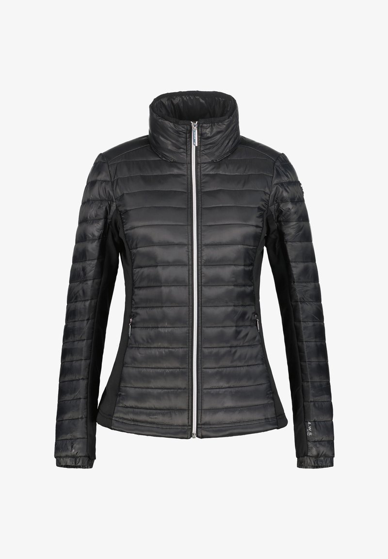 Pikowana kurtka dla kobiet w kolorze czarnym, z wysokim kołnierzem, pełnym zamkiem błyskawicznym z przodu oraz kieszeniami bocznymi zapinanymi na zamek.